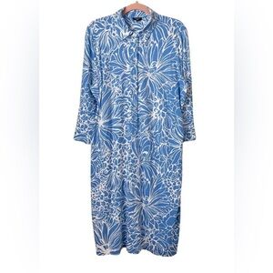 Talbots Blue & White Floral 1/2 Button Rayon Dress Size Medium Petite Tropical